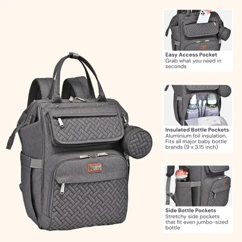 Miniatura 4 de BabbleRoo - Mochila para pañales, mochilas grandes multifuncionales con almohadilla cambiadora y correas para cochecito y funda para chupón, unisex
