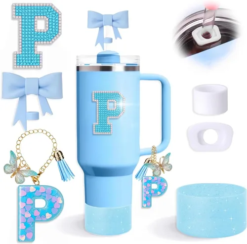 Miniatura 20 de Juego de 6 accesorios de copa Stanley color azul, adorno de pajilla con lazo para copa Stanley de 30 onzas, 40 onzas, incluye adorno de popote