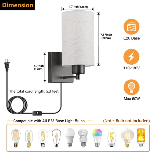 Miniatura 4 de KOONTING® Juego de 2 apliques de pared enchufables, lámpara de pared rústica con cable de enchufe e interruptor de palanca de encendido/apagado, Lino