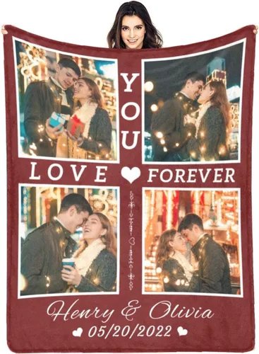 Miniatura 11 de HUGLAZY Manta de franela personalizada con fotos y nombre para regalo del día de San Valentín para novio, novia, esposo y esposa