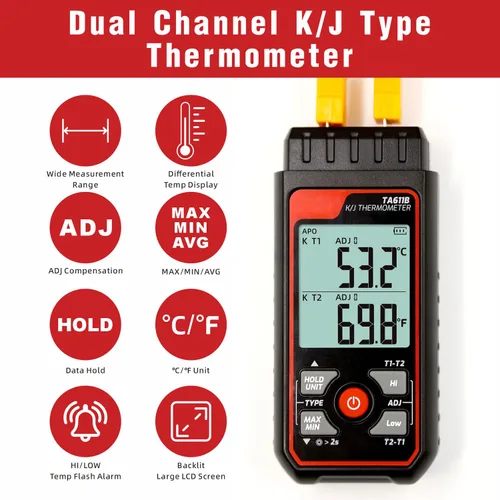 Miniatura 2 de Termómetro de termopar digital de doble canal tipo K/J -328 ~ 2501℉ Medidor de temperatura HVAC con 4 sondas de termopar tipo k, alarma