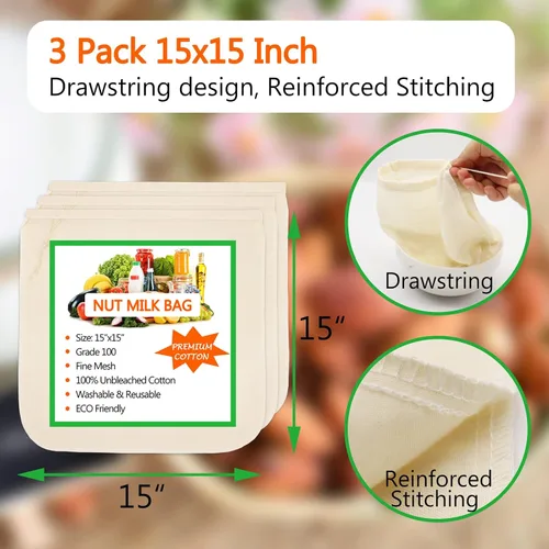 Miniatura 2 de Paquete de 3 bolsas de leche de nuez de 15 x 15 pulgadas, bolsas de estopilla para colar, reutilizables, 100% tela de algodón sin blanquear, colador