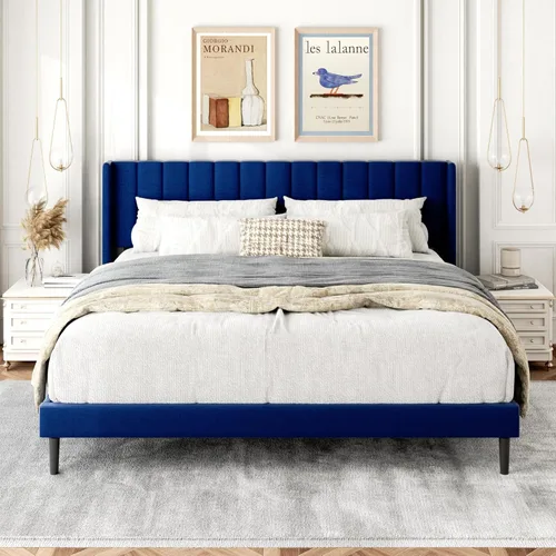 Miniatura 23 de Gruwans Estructuras de Cama Individual con Cabecera Wingback, Camas de Plataforma Tapizadas, No Necesita Somier, Soporte Resistente de Listones