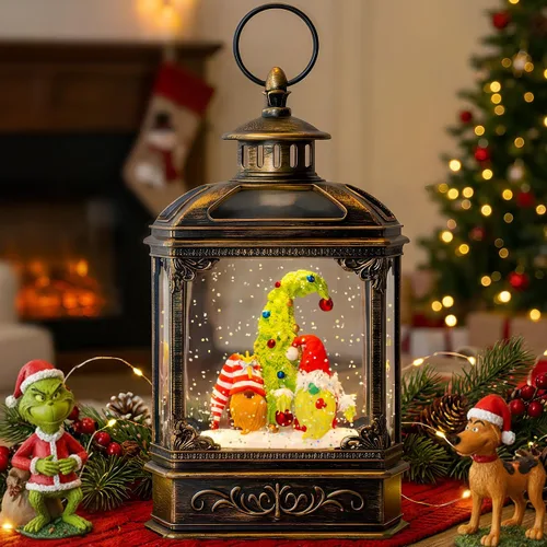 Miniatura 19 de Gnomos de Navidad de 10 pulgadas, linterna de globo de nieve iluminada, caprichoso árbol de Navidad y elfo escandinavo, linterna de agua musical