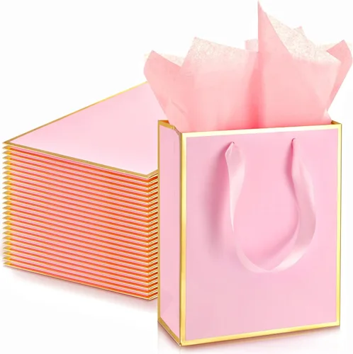 Yeaqee Paquete de 24 bolsas de regalo de papel metálico con asa y papel de seda 9 x 7 x 3.1 pulgadas, papel de aluminio dorado, bolsas de regalo de