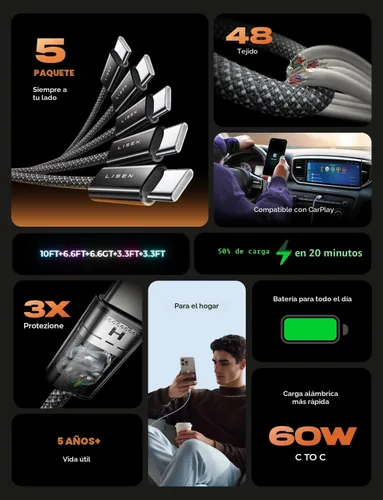 Miniatura 2 de LISEN Cable USB C a USB C, paquete de 5 [3.3/3.3/6.6/6.6/10 pies] para iPhone 17, cable C a C de carga rápida para iPad, iPhone 16 15 Pro Max, Negro