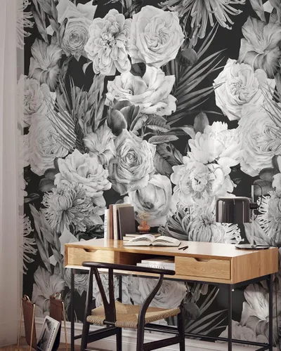 Miniatura 5 de Papel pintado de rosas blancas y negras, papel tapiz de acuarela autoadhesivo extraíble, papel tapiz floral para despegar y pegar