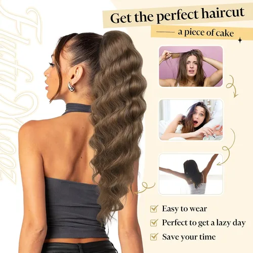 Miniatura 4 de Flufymooz Extensión de cola de caballo, 26 pulgadas, ondulado, con cordón, extensión de pelo largo, extensión de pelo sintético suave para mujer