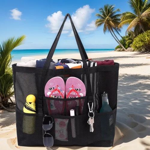 Miniatura 4 de Bolsa de playa de malla para mujer, plegable, para natación, vacaciones y bolsa de juguetes