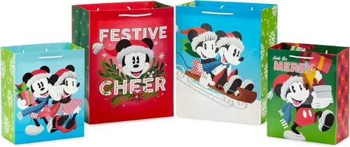 Miniatura 5 de Hallmark Bolsas de regalo de Navidad de Mickey y Minnie en varios tamaños (4 bolsas: 2 medianas de 9 pulgadas, 2 grandes de 13 pulgadas) para niños