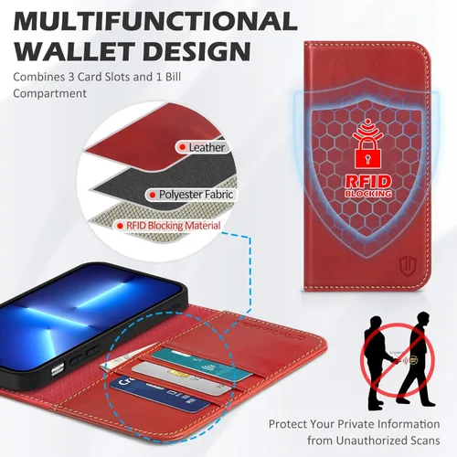 Miniatura 4 de SHIELDON Funda tipo cartera para iPhone 13 de 6.1 pulgadas, estuche tipo folio de piel auténtica con función atril y bloqueo RFID, ranuras para Rojo
