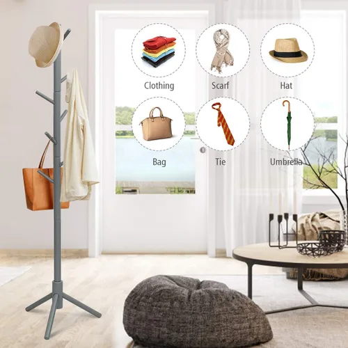 Miniatura 8 de Tangkula Perchero independiente, soporte de madera de goma con 8 ganchos, altura ajustable para entrada, abrigo de árbol, soporte para el hogar, Gris
