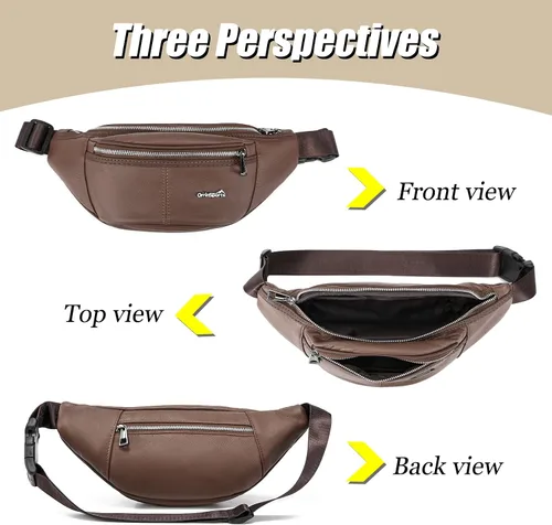 Miniatura 7 de Riñonera de cuero negro para hombres y mujeres, bolsa de cintura de cuero genuino con correa ajustable para caminar, senderismo, ciclismo, marrón
