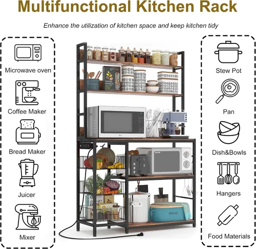 Miniatura 3 de Estante para panaderos con cestas y toma de corriente, estante de almacenamiento de cocina de 5 niveles con ganchos, estante de soporte para horno