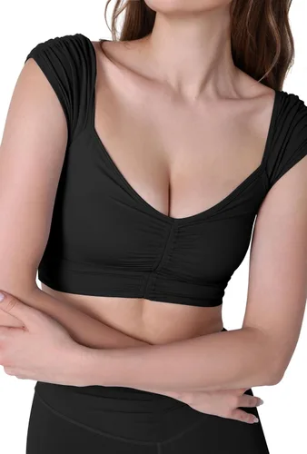 Miniatura 31 de ODODOS Camiseta corta sin mangas con cuello en V y frente fruncido para mujer, recortada en la espalda, manga casquillo