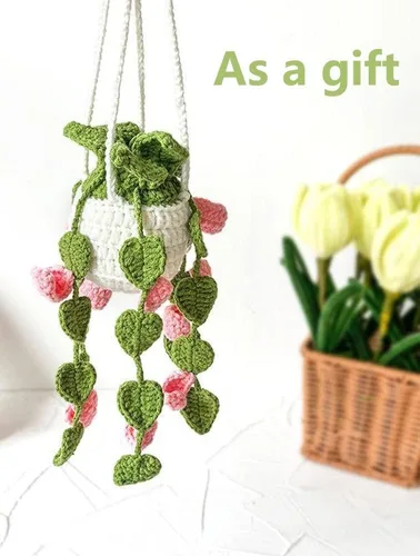 Miniatura 5 de Planta colgante de ganchillo para automóvil, colgador de espejo de automóvil de punto, cesta colgante de ganchillo para plantas de automóvil, lindos