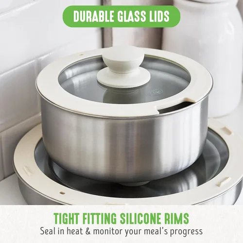 Miniatura 8 de GreenLife Ollas y sartenes de acero inoxidable de 10 piezas, juego de cocina desmontable y apilable, utensilios de cocina sin PFAS de tres capas