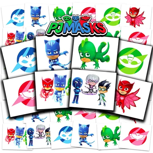 PJ Masks - Paquete de tatuajes para fiestas ~ 72 máscaras perforadas individuales de 2 x 2 pulgadas, tatuajes temporales para niños y niñas