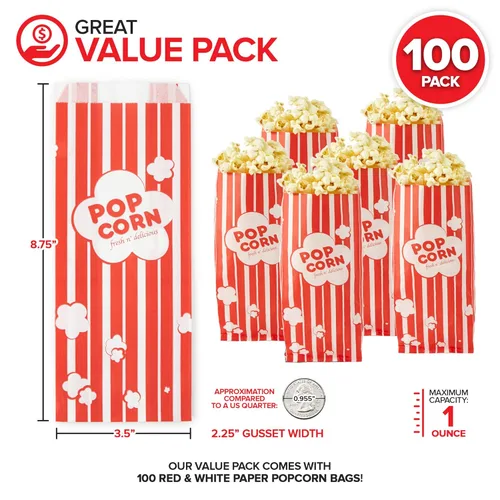 Miniatura 2 de Bolsas de papel para palomitas de maíz de 1 onza a granel (paquete de 100) pequeñas bolsas rojas y blancas desechables para fiestas temáticas