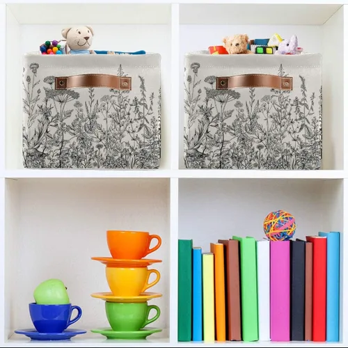 Miniatura 6 de Blueangle Cesta de almacenamiento rectangular de flores blancas y negras, 15 x 11 x 9.5 pulgadas, cesta organizadora plegable para decoración