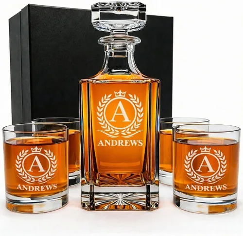 Miniatura 10 de Juego de decantador de whisky personalizado con vasos para papá, juegos de decantadores de bourbon personalizados, 4 diseños, vasos de whisky