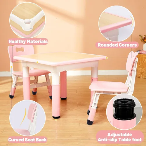 Miniatura 5 de FUNLIO - Juego de mesa y 2 sillas para niños, juego de mesa y silla ajustables en altura para niños de 3 a 8 años, mesa fácil de limpiar para Rosa