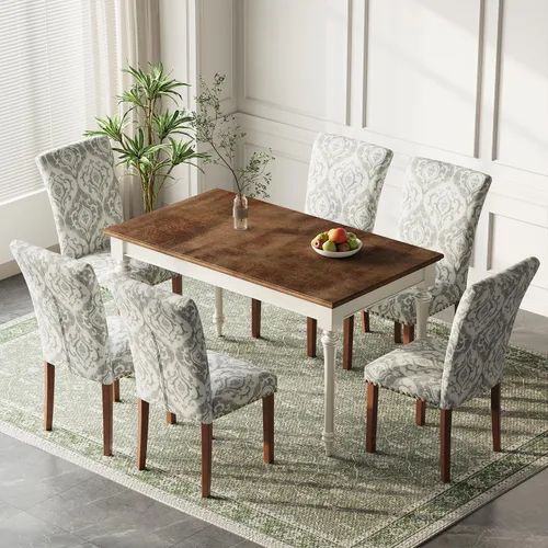 Miniatura 9 de Juego de 2 sillas de comedor de granja, respaldo alto con patas de madera y ribete de cabeza de clavo, silla de comedor de tela moderna