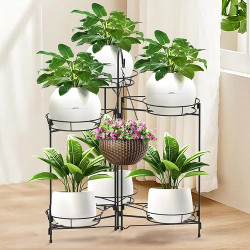 Miniatura 8 de DiiKoo Soporte de Metal Resistente para Plantas, Estantería y Estante de Plantas para Interior y Exterior - 3 Niveles 7 Macetas, Soporte