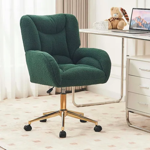 Miniatura 10 de Silla de oficina moderna de terciopelo con base dorada, altura ajustable y giro de 360°, silla de escritorio suave y cómoda con brazos y ruedas