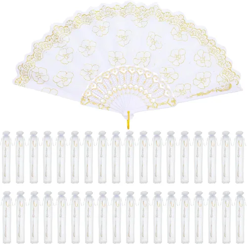 Miniatura 7 de Geelin - 50 piezas de abanicos de encaje plegables de mano para mujeres con bolsa de organza, abanicos europeos retro de encaje plegados para novia