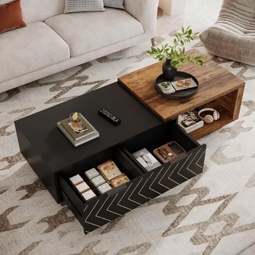 Miniatura 7 de Tribesigns - Mesa de café extensible con 2 cajones de almacenamiento, mesa central de dos tonos con tablero deslizante, mesa de cóctel rectangular