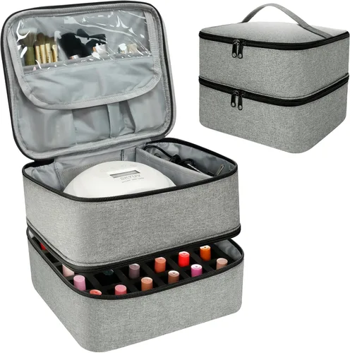 Bolsa organizadora de esmalte de uñas, organizador de suministros de uñas de doble capa con capacidad para 30 botellas y lámpara de uñas, estuche de