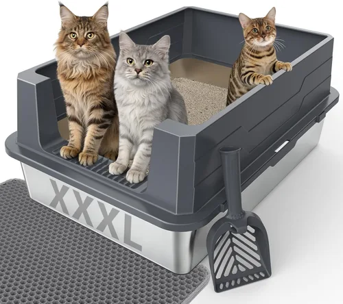 Miniatura 10 de FURTIME Caja de arena de acero inoxidable para gatos con tapa, caja de arena de metal para gatos pequeños, cajas de arena para gatitos con pala