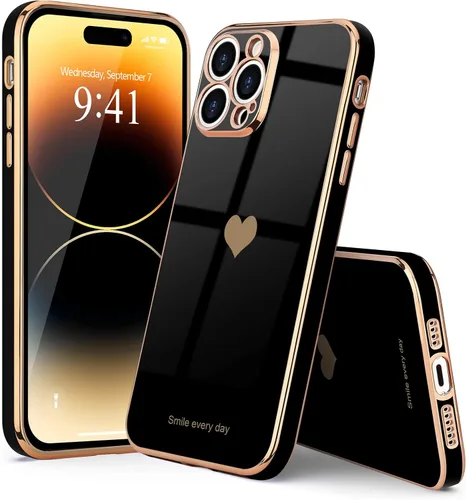 Miniatura 7 de Teageo Funda para iPhone 14 Pro para mujeres y niñas, lindo corazón de amor, chapado de lujo, cubierta trasera suave, protección completa de la Negro