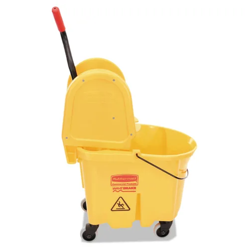 Rubbermaid Commercial Products WaveBrake 35 QT Cubo de fregona y escurridor con prensa inferior en ruedas, color amarillo, para limpieza de pisos
