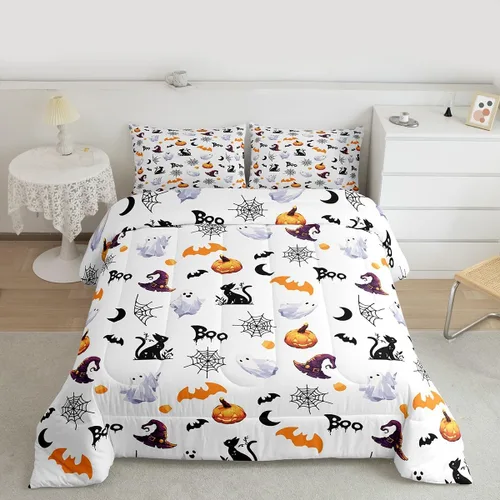 Miniatura 40 de Juego de edredón rosa con temática de Halloween, tamaño individual, edredón de farol de calabaza para adolescentes, juego de ropa de cama de Multi