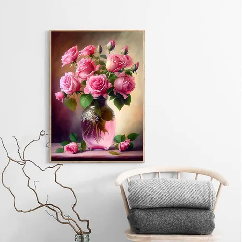 Miniatura 2 de QAZWSX Kit de pintura de diamante rosa rosa para bricolaje, pintura de diamantes de flores, kits de arte de cristal de diamante redondo completo