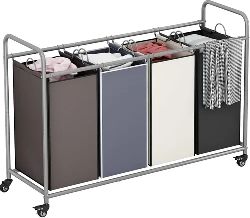 Miniatura 8 de LINZINAR Clasificador de ropa sucia de 3 bolsas, carrito cesto de ropa sucia con ruedas rodantes resistentes y con bloqueo y bolsas removibles