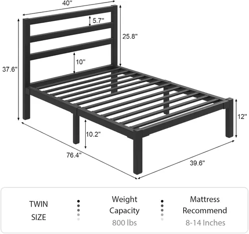 Miniatura 2 de LOEWAY Base de cama de tamaño individual con cabecero y estribo, espacio de almacenamiento debajo de la cama de 12 pulgadas, marco de cama de Negro
