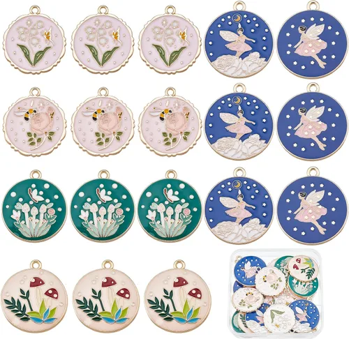 Miniatura 17 de SUNNYCLUE 1 caja de 16 piezas de 8 estilos esmaltados de flores, gato, Pascua, vacaciones, conejo, dijes de aleación de flores de esmalte a granel