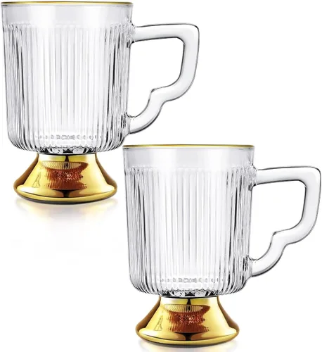 Joeyan Tazas de café de vidrio con asa, tazas de café transparentes acanaladas vintage, tazas de café café con leche, capuchino, tazas de leche de
