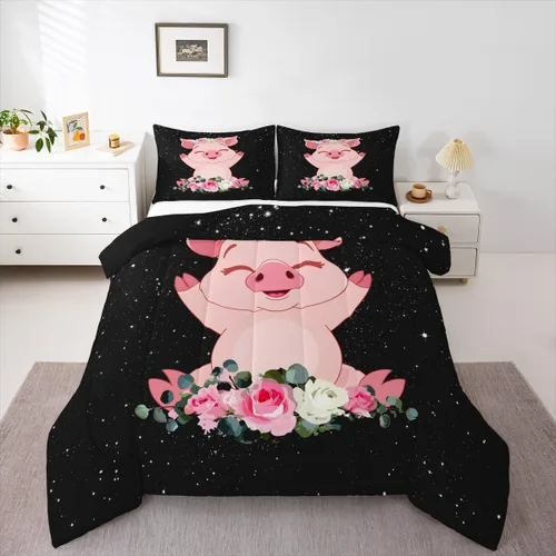 Erosebridal Juego de edredón de cerdo rosa para niñas, decoración de habitación Kawaii, tamaño individual, relleno de edredón de hojas florales