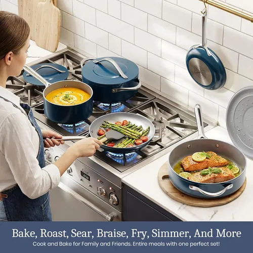 Miniatura 7 de CookinCraze Juego de 8 ollas y sartenes antiadherentes de cerámica con tapa, sin PFAS, no tóxicos, compatible con inducción, apto para horno, Azul