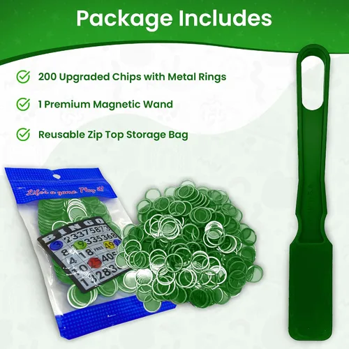 Miniatura 2 de MR CHIPS Varita magnética de bingo mejorada hecha en Estados Unidos y 200 piezas de chips de plástico verde de 3/4 pulgadas con anillos de metal