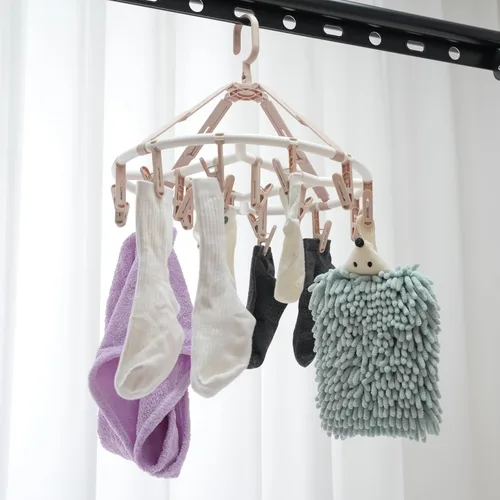 Miniatura 6 de Foshine Perchas de secado de ropa plegables de plástico con 20 clips de secado (círculo rosa claro)