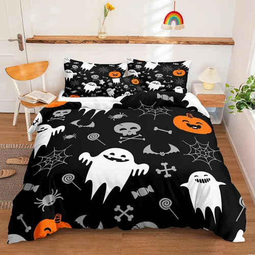 Miniatura 25 de Juego de funda de edredón de calabaza para Halloween, divertido diseño de calabaza malvada, color negro, juego de ropa de cama Tiwn 1 funda