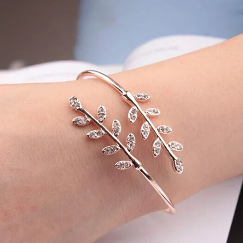 Miniatura 5 de Pulseras de pulsera para mujer diseño de hoja con incrustaciones de diamantes de imitación de moda