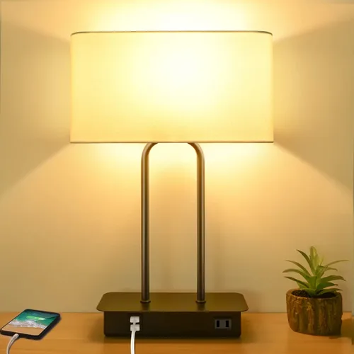 Miniatura 10 de Lámpara de mesa con control táctil regulable en 3 vías con 2 puertos USB y toma de corriente AC, lámpara moderna de mesita de noche con pantalla