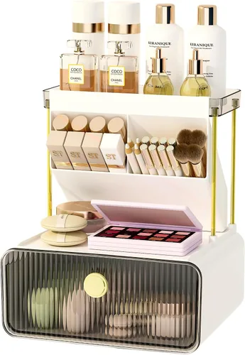 Miniatura 11 de FOLLOWIN Organizador de mostrador de baño con cajón, organizador para la parte superior de la cómoda con soporte para brochas de maquillaje, estante