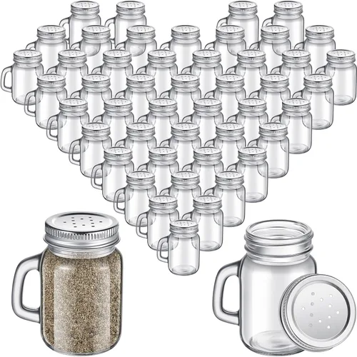 Miniatura 11 de Tessco for you 24 saleros y pimenteros de vidrio de 4 onzas, mini saleros transparentes para cocina con tapa de metal y asas para casa de campo, Oro